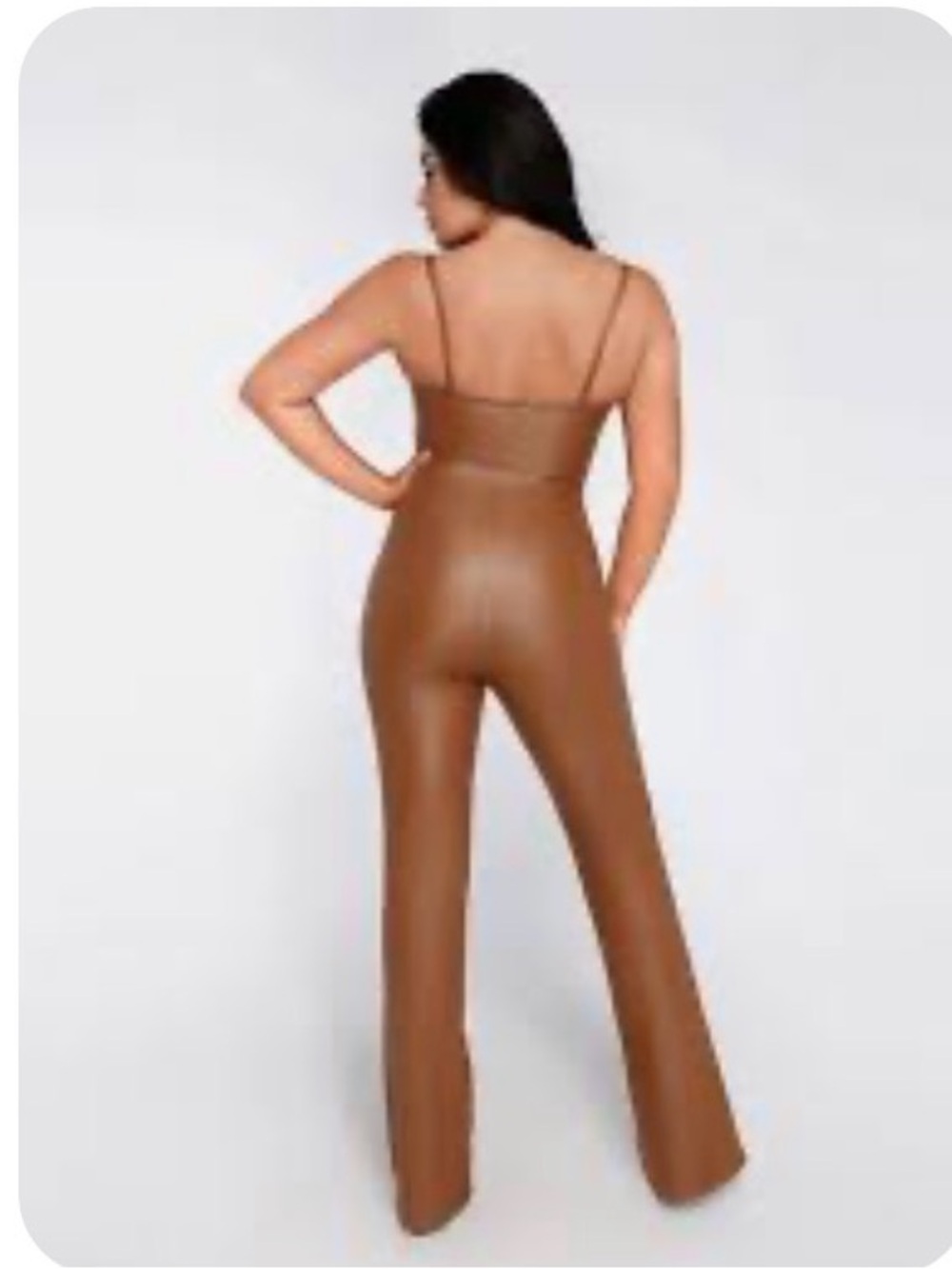Popilush sz XS Faux Leather Brown Jumpsuit with Strappy Neckline nwt - Picture 4 of 15